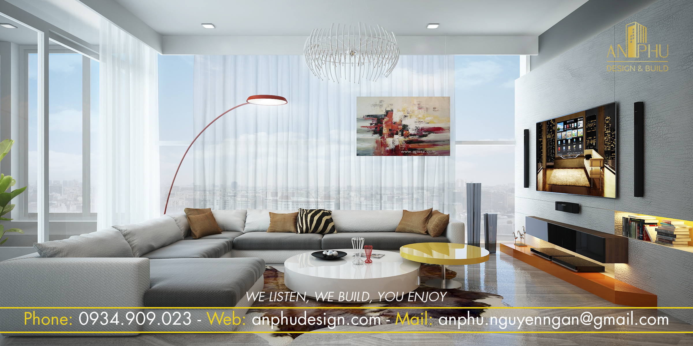 Bộ sofa nỉ kết hợp với bộ bàn trà tròn khối tạo điểm nhấn lạ mắt cho không gian phòng khách