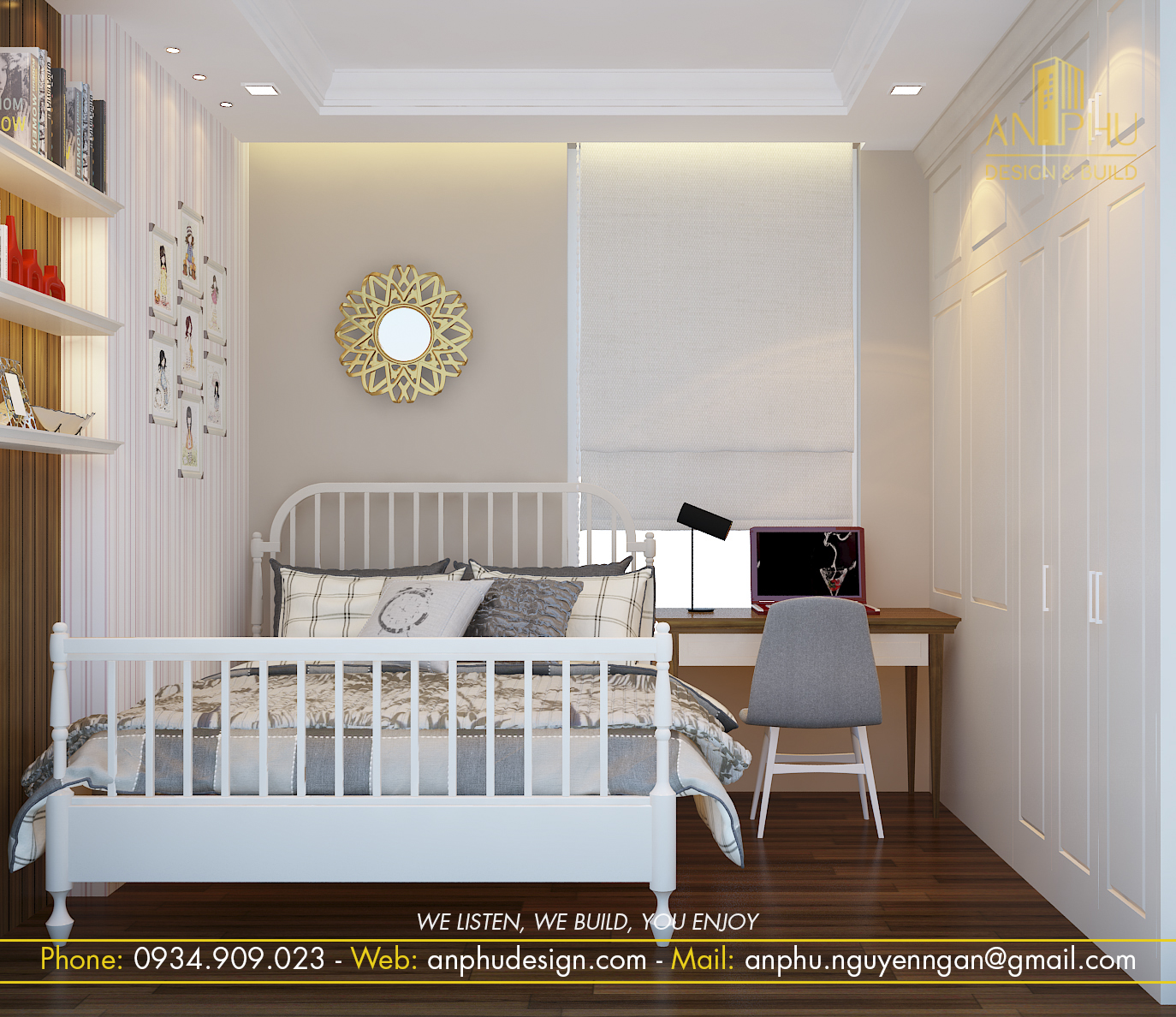 bàn học được thiết kế dọc theo tường tiết kiệm diện tích, ngăn kéo dưới giường tối ưu không gian sử dụng