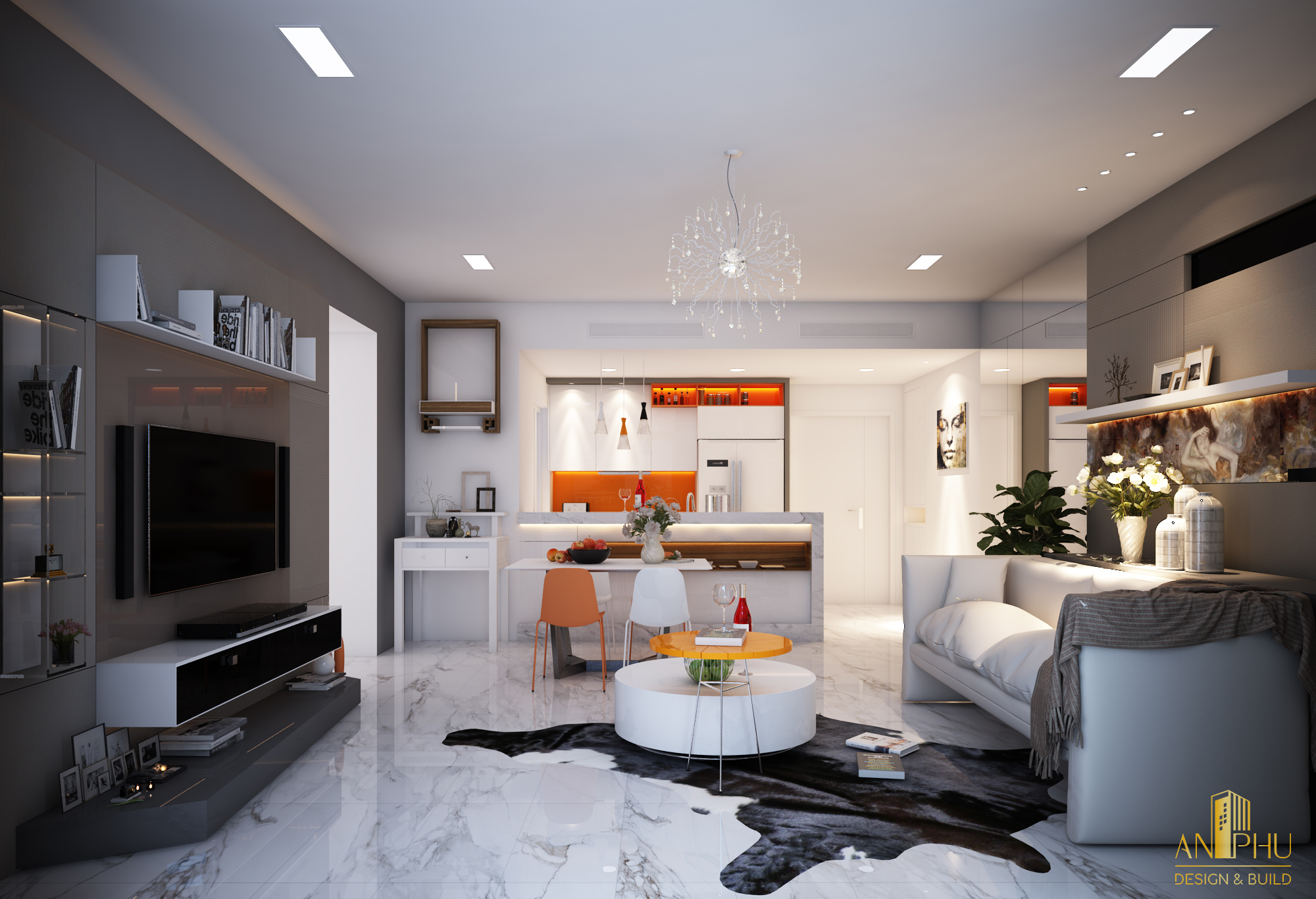 Phòng khách được thiết kế đơn giản, bố trí bộ sofa tông màu trắng tinh tế 