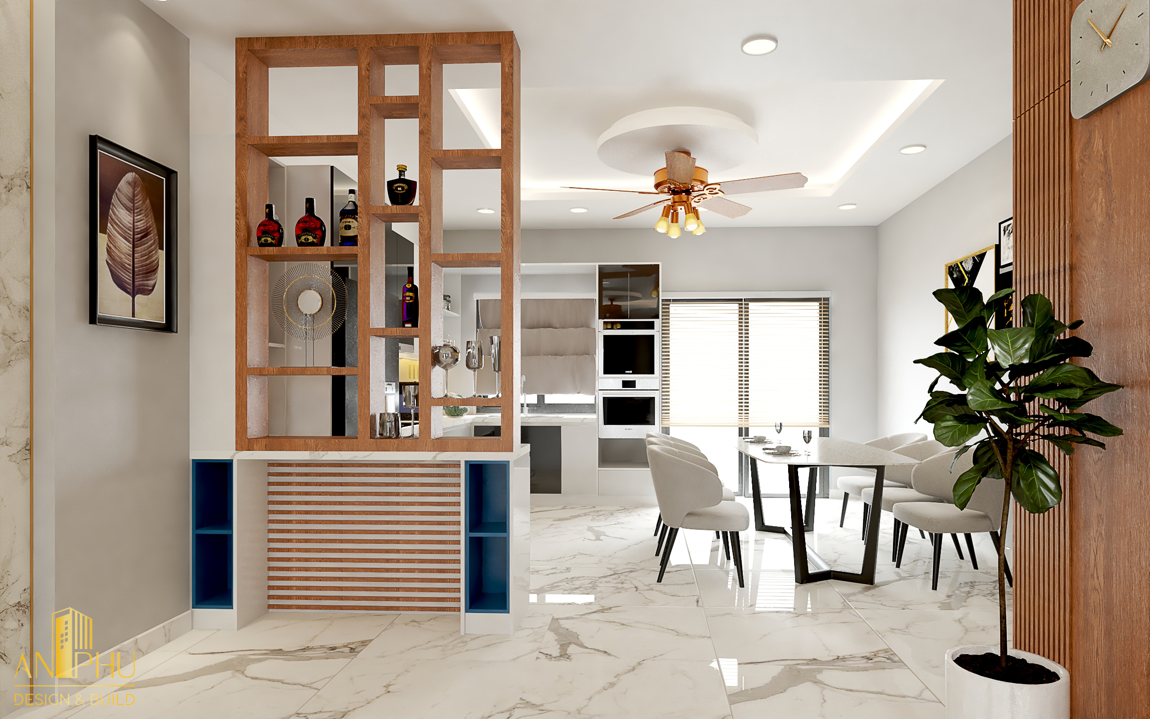 Bộ 6 ghế Minotti kết hợp với bàn ăn gỗ mặt kiếng hình chữ nhật kiểu dáng đơn giản,