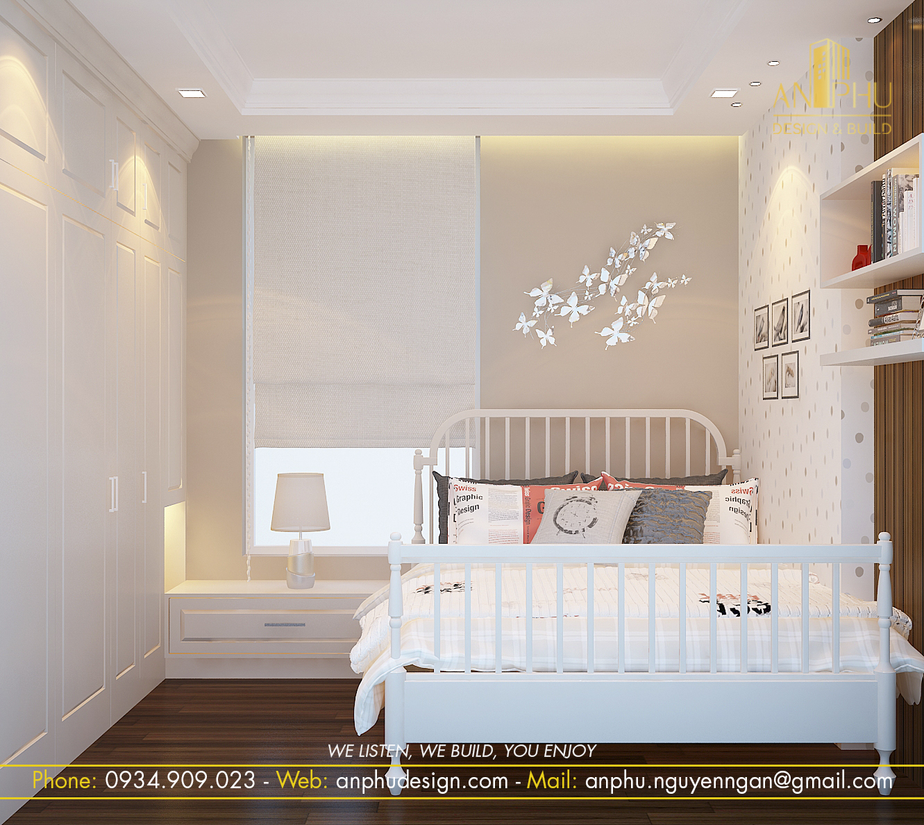Thiết kế nội thất phòng ngủ với tông màu hồng và trắng