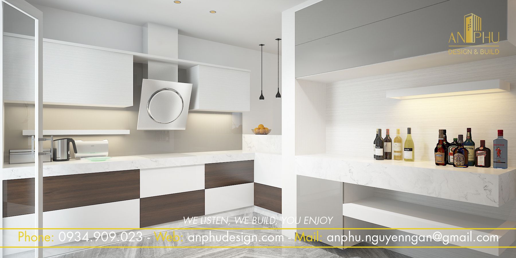 Hệ tủ bếp chữ L gỗ công nghiệp kết hợp kệ bo góc hiện đại tạo không gian trang trí 