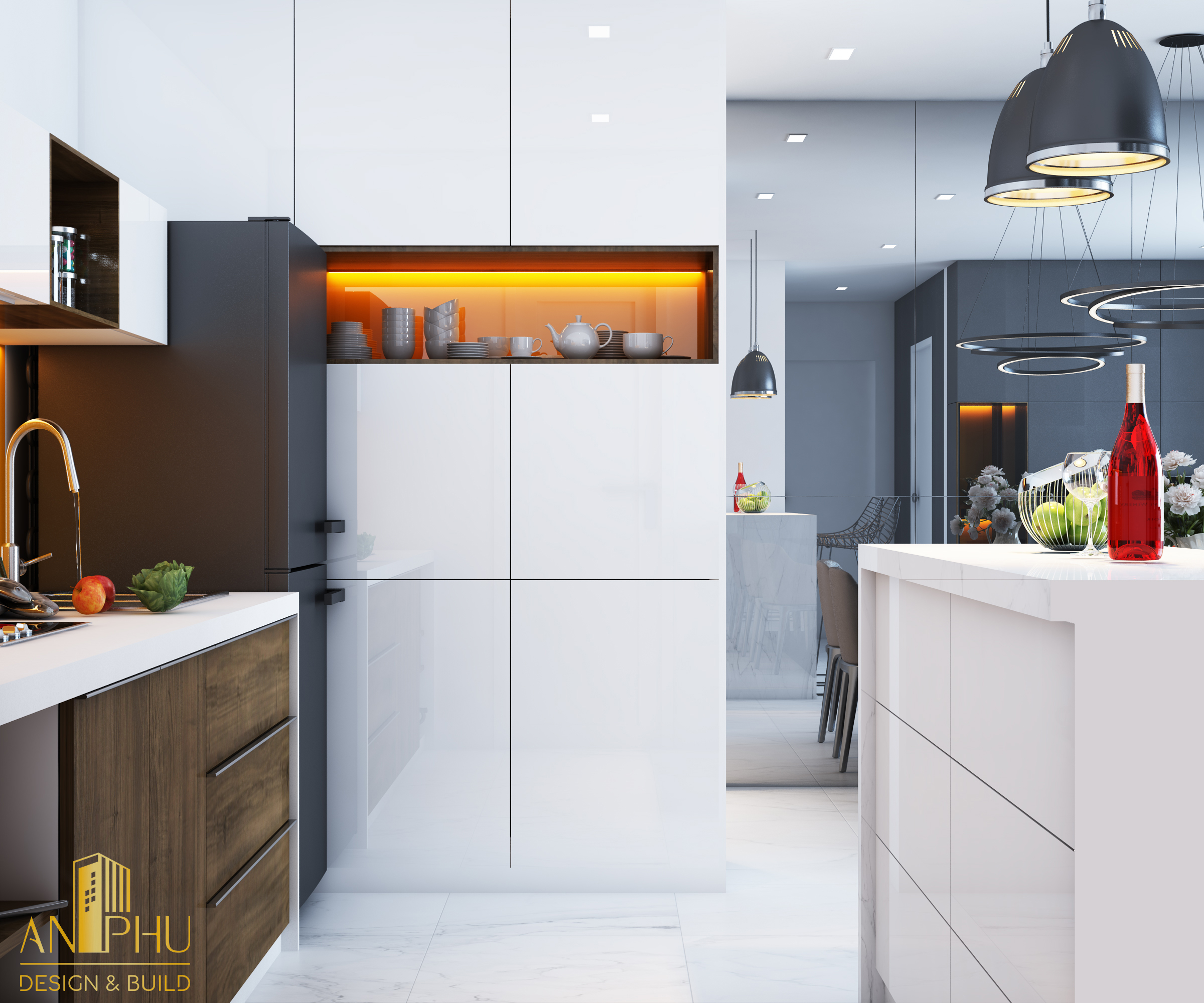 Thiết kế nội thất phòng bếp với hệ tủ bếp chữ L làm từ gỗ công nghiệp có ngăn chứa tủ lạnh