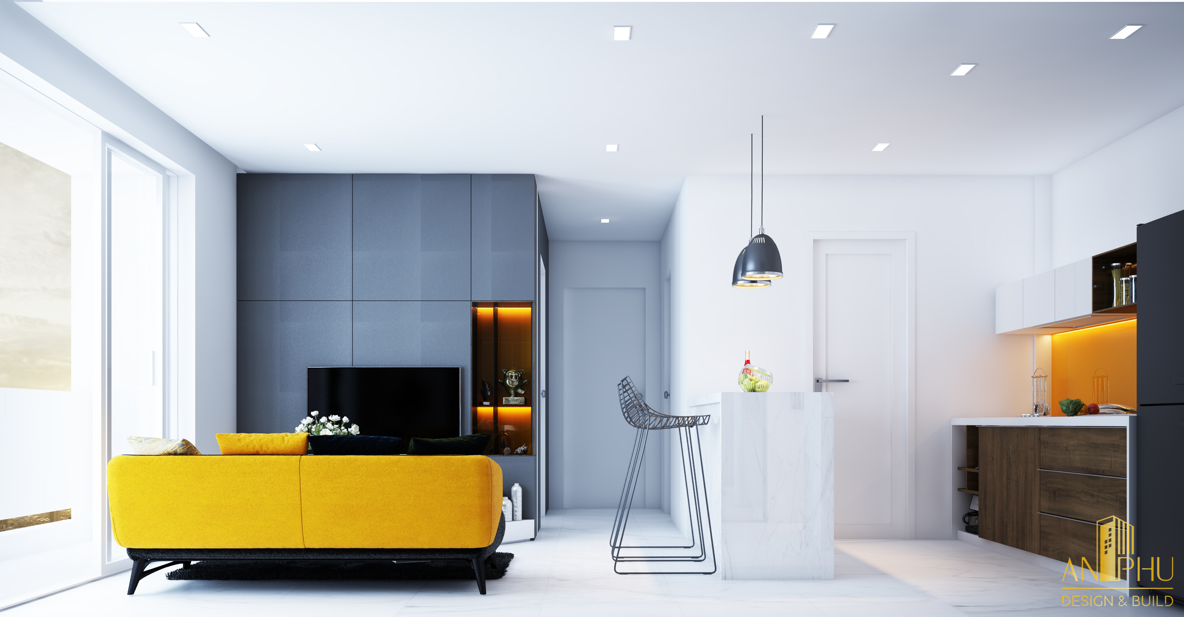 Thiết kế nội thất phòng khách chung cư gam màu trung tính
