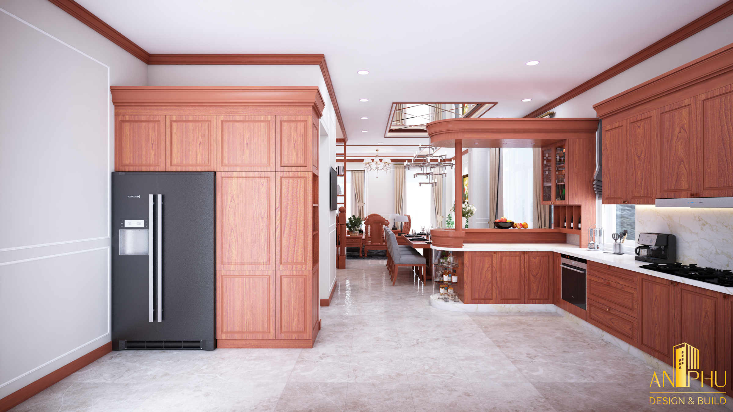 Thi công hệ tủ bếp cao đụng trần cho không gian phòng bếp thêm gọn gàng,đẹp mắt và sang trọng hơn