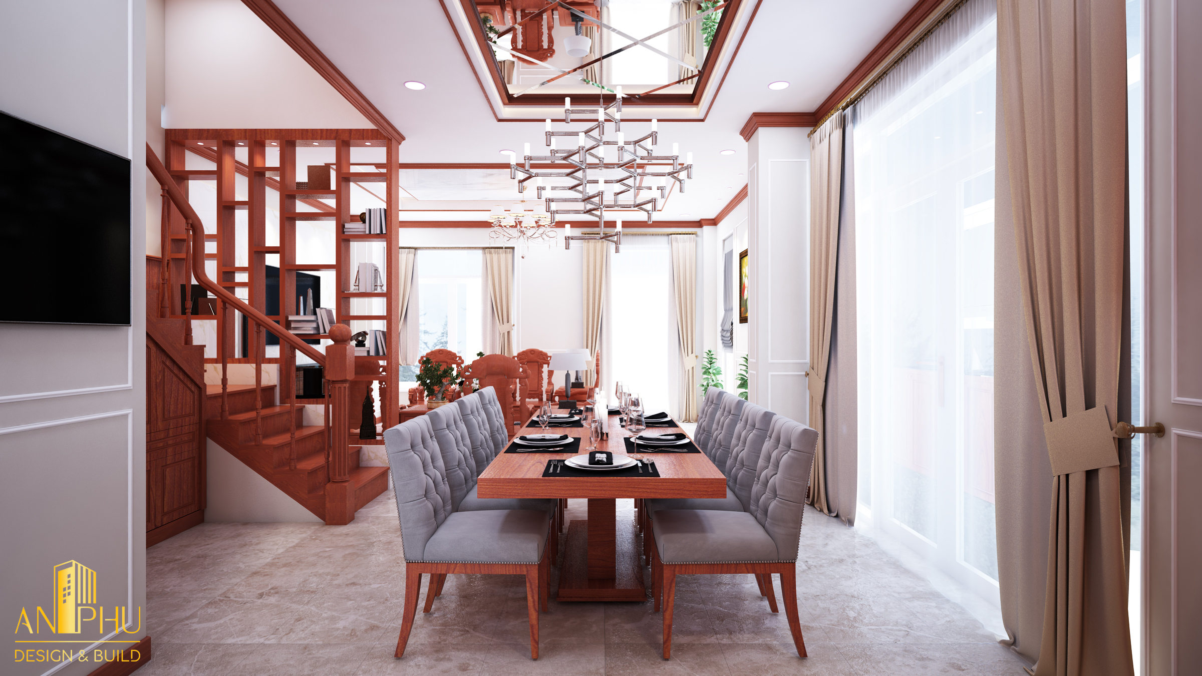 Không gian phòng ăn được thiết kế đầy đủ tiện nghi với nội thất gỗ sang trọng