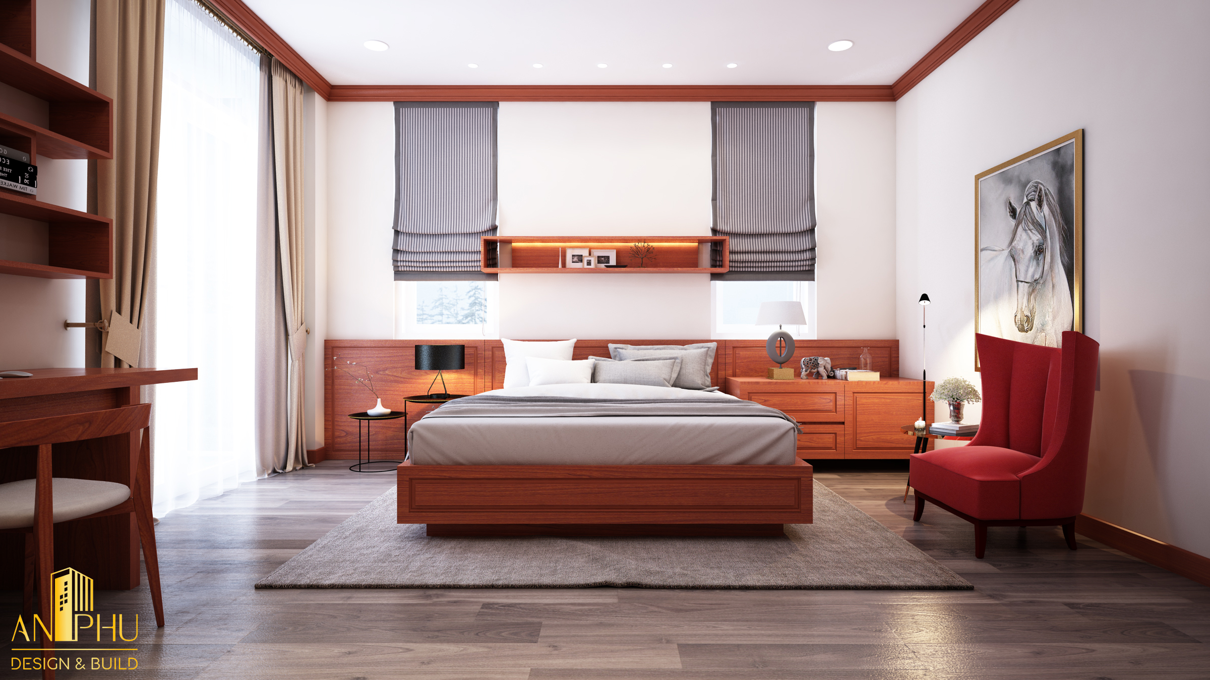 Phòng ngủ sử dụng nội thất gỗ tự nhiên sang trọng