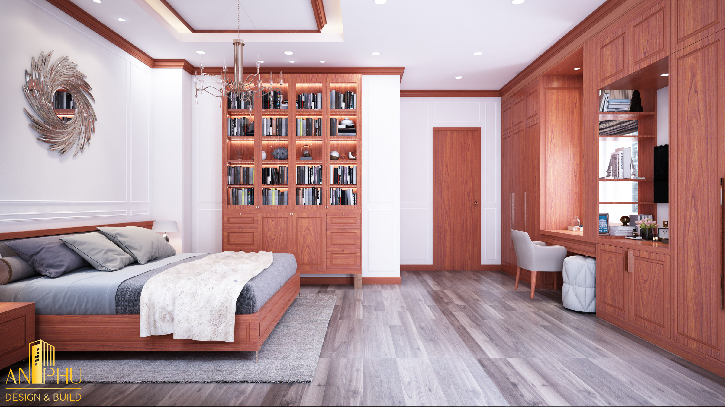 Tổng quan phòng ngủ tông màu gỗ trầm rộng rãi tạo cảm giác thoải mái cho gia chủ