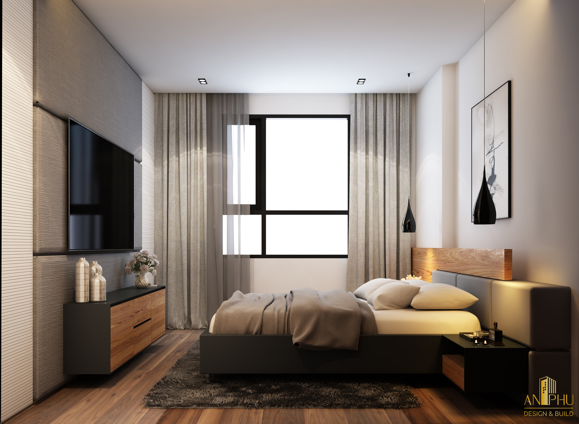 Bố trí giường ngủ làm từ gỗ công nghiệp giữa phòng giúp cân bằng không gian nội thất chung