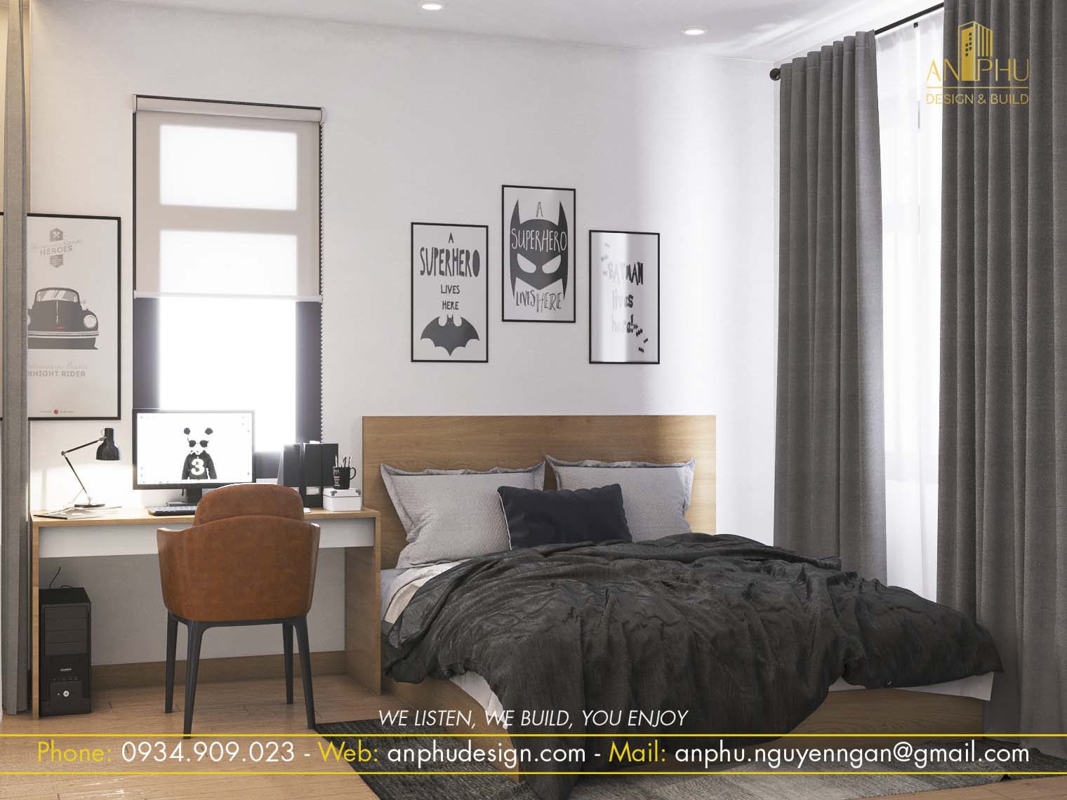 Tổng quan phòng ngủ được thiết kế tông nâu trầm hiện đại, giản dị