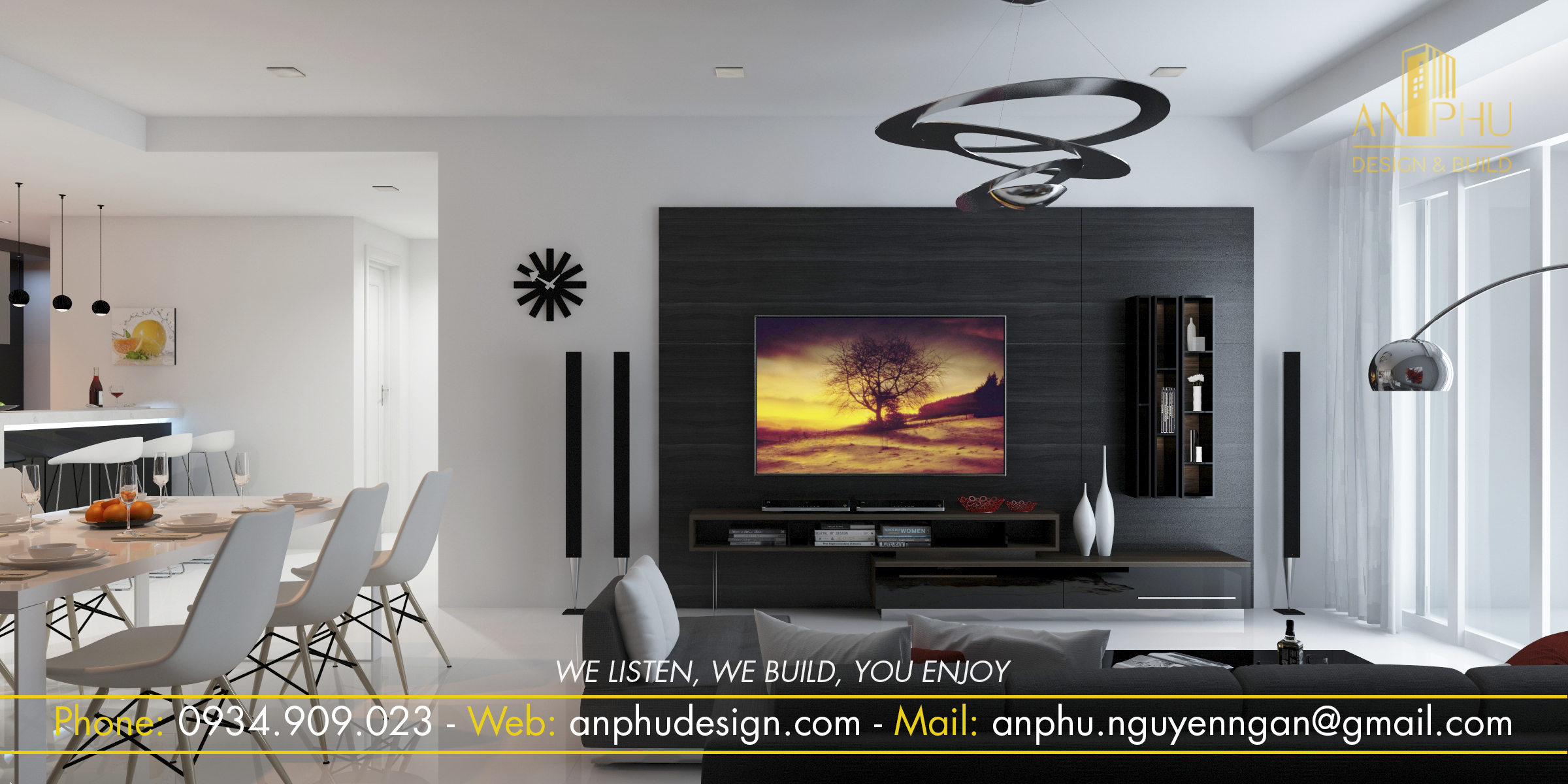 Phòng khách với tone màu nhẹ nhàng làm cho không gian có chiều sâu
