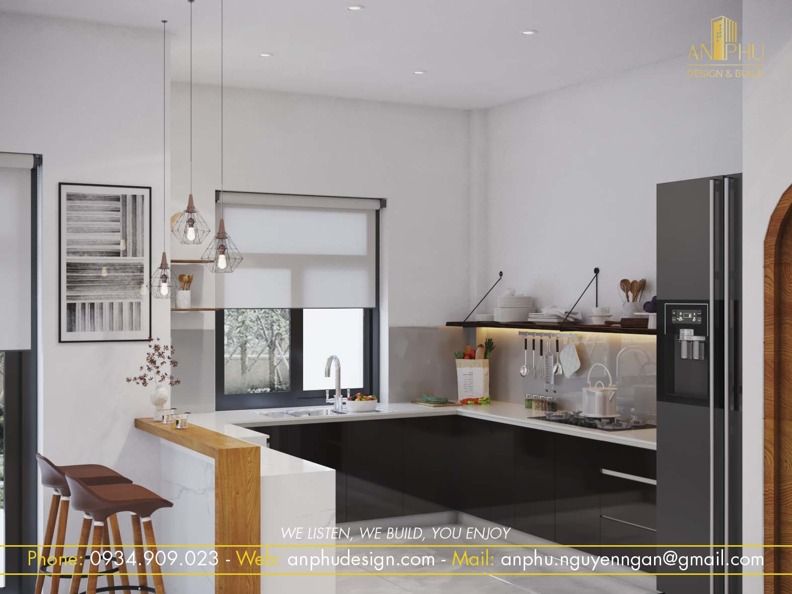 bàn bar ốp đá vân mây với 3 ghế mỗi khi gia đình ít người hay gia đình có thể cùng nhau trò chuyện, nấu ăn rất tiện lợi